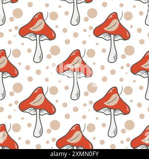 Nahtloses Herbstmuster mit Fliegenpilz und Laub. Pilzhintergrund mit gefallenen Blättern. Herbstwalddruck für Textilien, Geschenkpapier, Stoff Stock Vektor