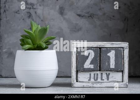 Holzwürfelkalender mit Datum 21. Juli und grüner Pflanze in weißem Topf auf grauem Hintergrund Stockfoto