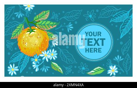 Vektor Hand gezeichnete Illustration von Zweigen Orangenbaum mit Früchten, Blumen und Blättern. Skizze der hellen Reifen Zitrusfrucht auf dunklem Hintergrund für Packa Stock Vektor