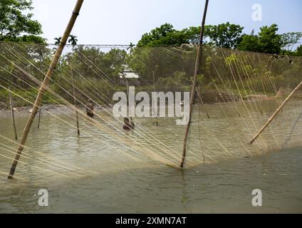 Bangladeschi fangen Fische mit einem großen Liftnetz auf dem Fluss, Barisal Division, Wazirpur, Bangladesch Stockfoto