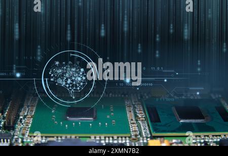 Künstliches Intelligenzkonzept mit Mikrochip und digitalem Hirn-Overlay. Steht für KI, Technologie, Innovation und maschinelles Lernen. Stockfoto