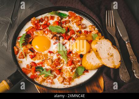 Shakshuka, Rührei mit Tomaten, Paprika, Speck und Zwiebeln in einer gusseisernen Pfanne mit geröstetem Brot auf grauem Hintergrund mit Messer und Gabel. Stockfoto