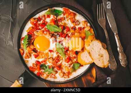 Shakshuka, Rührei mit Tomaten, Paprika, Speck und Zwiebeln in einer gusseisernen Pfanne mit geröstetem Brot auf grauem Hintergrund mit Messer und Gabel. Stockfoto