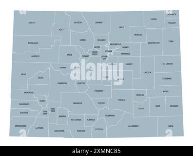 Colorado County, graue politische Karte mit Grenzen und County-Namen. Bundesstaat in der Subregion Mountain West der Vereinigten Staaten Stockfoto