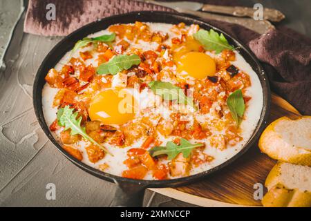 Rührei mit Tomaten, Paprika, Schalotten und Speck in einer gusseisernen Pfanne mit Brotscheiben. Köstliches, nahrhaftes und gesundes Frühstück GRA Stockfoto