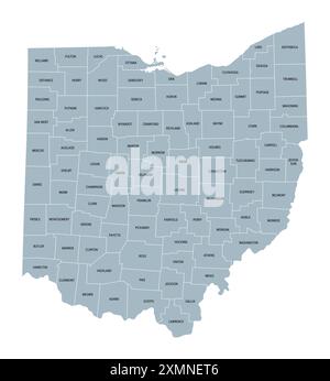 Ohio County, graue politische Karte mit Grenzen und County-Namen. Bundesstaat im Mittleren Westen der Vereinigten Staaten, unterteilt in 88 Countys. Stockfoto