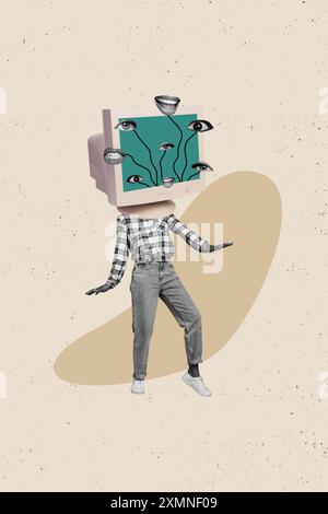 Composite Collage Bild von lustigen weiblichen Monitor Computer statt Kopf Augen Mund tv Show Fantasy Billboard Comics Zine minimal Stockfoto