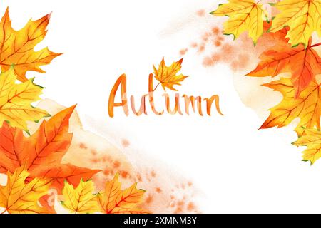 Aquarellrahmen mit Herbstblättern und Schriftzug Herbst, orange, gelbe und rote Ahornblätter, handgezeichnete Illustration des Herbstthemas, Skizze, für au Stockfoto