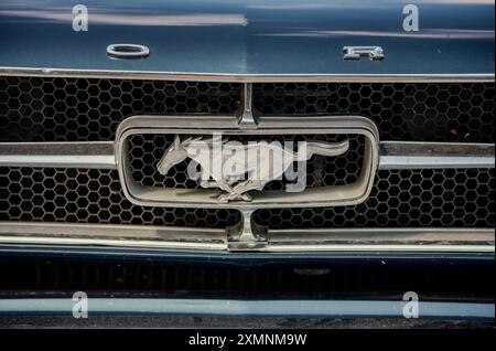Ponywagen, Motorhaubengrill eines klassischen Ford Mustang Muscle Car mit verchromtem Logo. Ropley Hampsire, Großbritannien Stockfoto