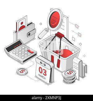 Kostenplanung – Abbildung der isometrischen Linie in Schwarz und Rot Stock Vektor