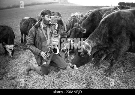 Der 37-jährige Farmer Mark Purdey singt einige seiner 60 Jersey-Rinder auf dem Hügel seiner 100 Hektar großen Exmoor-Farm, bevor er auf den Straßen von Exeter fährt, um seine Rechnungen zu bezahlen. Der NFU sagt, er sei einer von vielen Landwirten, die von sinkenden Lebensmittelpreisen und der Rezession sowie von BSE- und Salmonellenangst betroffen sind. Herr Purdey , ehemaliger professioneller Jazzmusiker der Higher Barn Farm . Elworthy, Somerset nutzt sein Talent, um seine Kühe zu füttern. 25. Januar 1991 Bild von Roger Bamber Stockfoto