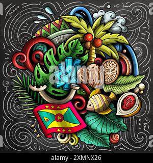 Vektor lustige Kritzelillustration mit Grenada Thema. Lebendiges und auffälliges Design, das das Wesen der nordamerikanischen Kultur und Traditionen widerspiegelt Stock Vektor