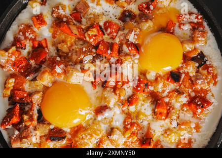 Rührei mit Tomaten, Paprika, Schalotten und Speck in einer gusseisernen Pfanne mit Brotscheiben. Köstliches, nahrhaftes und gesundes Frühstück GRA Stockfoto