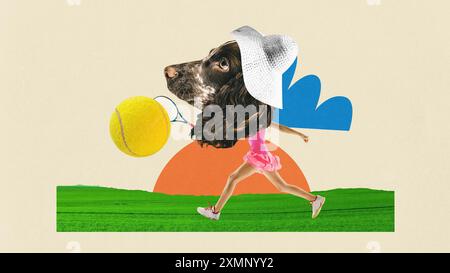 Zeitgenössische Kunstcollage. Ein Tennisspieler mit Hundekopf schlägt auf dem surrealen Tennisplatz in Bewegung vor beigefarbenem Hintergrund den Ball. Stockfoto