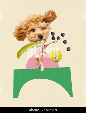 Zeitgenössische Kunstcollage. Flauschiger Tennisspieler mit Hundekopf im Halbschwung, umgeben von Riesenerbsenschote, schwimmenden Heidelbeeren und großem Tennisball. Stockfoto
