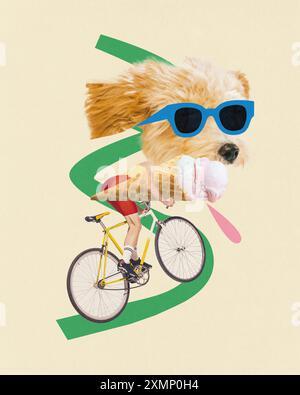 Zeitgenössische Kunstcollage. Hunderadfahrer mit blauer Sonnenbrille, Fahrrad fahren und große Eiskegel essen, mit grüner Linie, als Straße rein Stockfoto