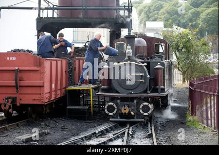 Bild von Roger Bamber : 23 September 2011 : der Motorenfahrer von 2ft. Die Schmalspurdampflokomotive Fairlie „Merddin Emrys“ bringt seine Lokomotive aus einem Kohlewagen an der Station Porthmadog an der Ffestiniog Railway, die zwischen Porthmadog und Blaenau Ffestiniog in Snowdonia, Nordwales, Großbritannien verkehrt. Stockfoto