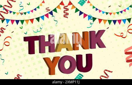 Dankeskarte im Retro-Typografie-Design. 3D-Farbbuchstaben mit Konfetti und hängenden Fahnen. Stock Vektor