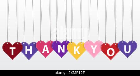 Dankeschön mit hängenden Herzformen, Band für Banner, Präsentation, Poster, Flyer, und Grußkarte Stock Vektor