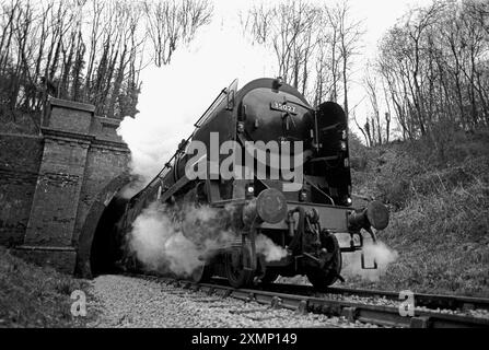 Dies war der erste Durchgangszug im neu eröffneten Sharpthorne Tunnel auf der Bluebell Line im April 1994. Die Strecke war seit über 30 Jahren stillgelegt. Die Bluebell Railway Preservation Society vollendete die Verlängerung von Horsted Keynes nach Kingscote im April 1994 und legte die Strecke durch den Sharpethorne Tunnel um. die mit 731 Yards oder 668 Metern längste Bahnstrecke einer britischen Heritage Railway, am nördlichen Ende des Sharpthorne Tunnels, führt die Strecke durch den ehemaligen Bahnhof West Hoathly. Stockfoto