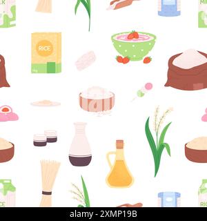 Nahtloses Muster für Reisprodukte. Pflanzen, Müsli, Getränke. Reismilch und Sake, Haferbrei und Süßigkeiten. Japanisches koreanisches chinesisches Essen, Vektor Stock Vektor
