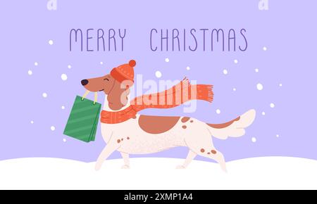 Weihnachtsbanner mit Hund. Cartoon-Dackel mit Geschenkpaket. Hündchen in Hut und Schal gehören zum Neujahrsverkauf. Winterferien-Haustier-Poster, rassiger Vektor Stock Vektor
