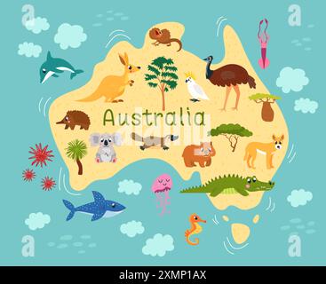 Australische Tierkarte. Australische Fauna, Ozean und wilde Tiere und Vögel. Kinderplakat mit Kontinent, Säugetieren und Unterwasserleben, klassischer Vektor Stock Vektor