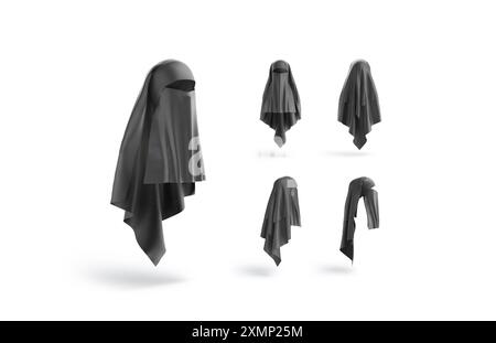 Leeres schwarzes Niqab-Modell für Frauen, verschiedene Ansichten, 3D-Rendering. Leerer Schalldämpfer mit Sichtschutzkopf, isoliert. muslimischer Kopf aus transparentem Stoff Stockfoto