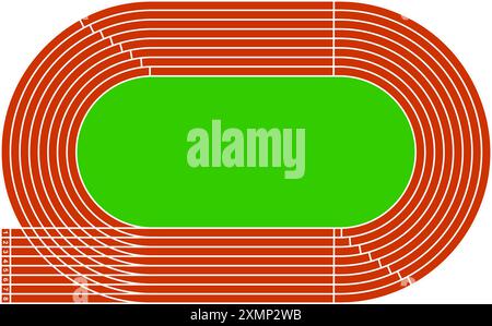 Rote Laufstrecke mit grünem Grasfeld. Stadion Draufsicht. Rennstrecke für Sprint, Marathon oder andere sportliche Wettkämpfe isoliert auf weißem Hintergrund. Illustration der Vektorabwicklung. Stock Vektor