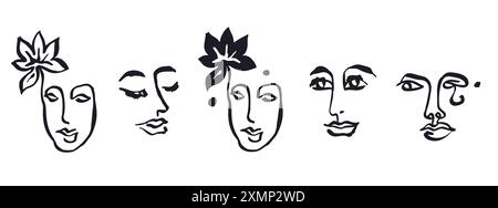 Eine einzeilige Tintenzeichnung abstrakter weiblicher Flächen, die isoliert auf weiß gesetzt sind Stock Vektor