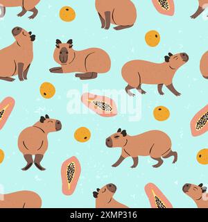Nahtloses Muster mit lustigen Capybaras und Früchten Stock Vektor
