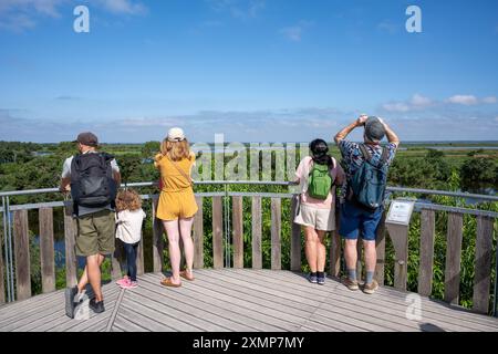 Das Vogelschutzgebiet Le Teich liegt an der Bucht von Arcachon und zählt zu den 10 schönsten in Europa. Hier ein Aussichtsturm. Stockfoto