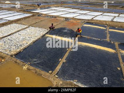 Bangladeschische Männer arbeiten in einem Salzfeld, Chittagong Division, Maheshkhali, Bangladesch Stockfoto