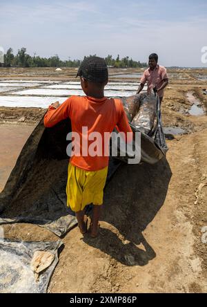 Bangladeschische Männer arbeiten in einem Salzfeld, Chittagong Division, Maheshkhali, Bangladesch Stockfoto