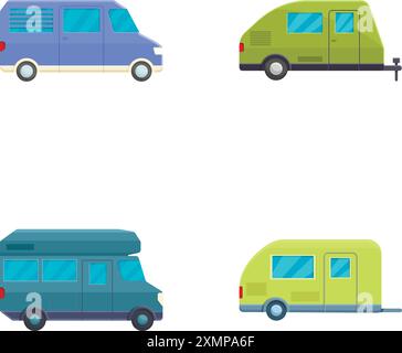 Camper Van Icons setzen Cartoon Vektor. Transporter und Pickup mit Anhänger. Sommerurlaub, Touristenausflug Stock Vektor