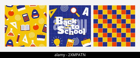 Zurück zur Schule Phrase und Muster mit Schulbedarf. Modernes Design für Banner, Poster, Cover. Vektorabbildung Stock Vektor