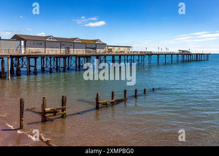 Groynes und der teilweise stillgelegte viktorianische Pier in Teignmouth in South Devon, England. Stockfoto