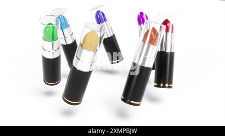 3D-Lippenstift in verschiedenen Farben auf weißem BG 3D-Rendering Stockfoto