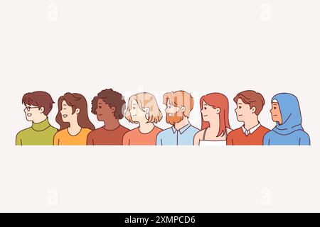 Multinationale Männer und Frauen verschiedener Rassen oder Religionen stehen in Reihe und demonstrieren Einheit und Zusammenhalt. Multinationale Jungs und Mädchen lächeln, fühlen sich stolz oder bereit für eine Zusammenarbeit Stock Vektor