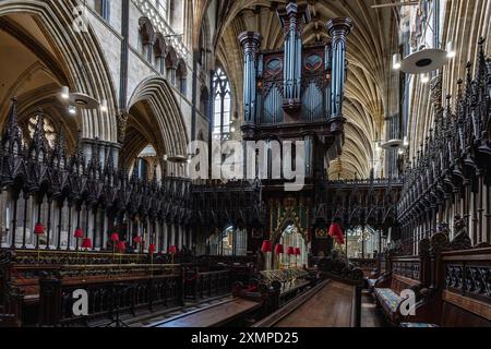Die prächtige Orgel im Chor in der Kathedrale von Exeter in Devon, England. Stockfoto