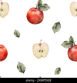 Nahtloses Muster frischer roter Äpfel mit Blättern. Essensstruktur. Rote, saftige Äpfel im Ganzen. Aquarellillustration Obst für Saftpackung Stockfoto