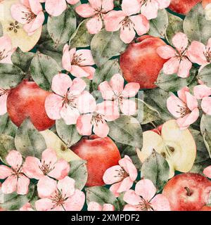 Nahtloses Muster frischer roter Äpfel mit Blättern und Blüten. Essensstruktur. Rote, saftige Äpfel im Ganzen. Aquarell Illustration Obst für Saft Stockfoto