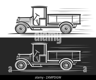 Vektor-Logo für Retro-Lkw, horizontales Automobil-Banner mit Clip-Art-Kontur-Illustration des Vintage-Lkws in Bewegung, Line-Art-Ausführung monochrome c Stock Vektor