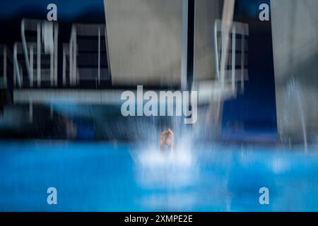 Paris, Frankreich. Juli 2024. Illustration Tauchen während des synchronisierten 10m Plattform Tauchen Finales der Männer bei den Olympischen Spielen 2024 in Paris im Aquatics Centre in Saint-Denis, nördlich von Paris, am 29. Juli 2024. Foto: Eliot Blondet/ABACAPRESS. COM Credit: Abaca Press/Alamy Live News Stockfoto