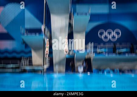 Paris, Frankreich. Juli 2024. Illustration Tauchen während des synchronisierten 10m Plattform Tauchen Finales der Männer bei den Olympischen Spielen 2024 in Paris im Aquatics Centre in Saint-Denis, nördlich von Paris, am 29. Juli 2024. Foto: Eliot Blondet/ABACAPRESS. COM Credit: Abaca Press/Alamy Live News Stockfoto