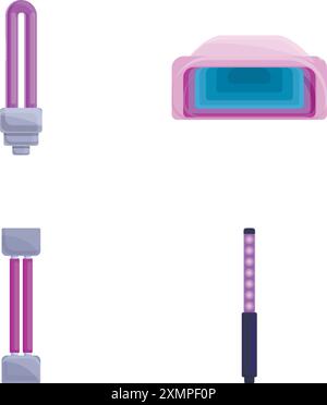 Bactericidal lamp icons set cartoon vector. Luminous lamp with ultraviolet ray. Device with ultraviolet light Stock Vektor