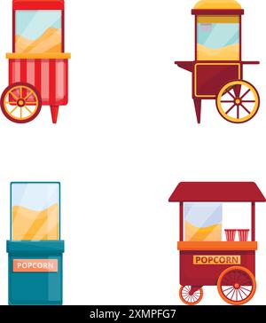 Corn Machine Symbole setzen Cartoon Vektor. Vintage Kiosk im Vergnügungspark. Street Food Stock Vektor