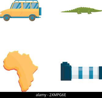 Afrikanische Safari-Ikonen setzen Cartoon-Vektor. Safari Outdoor Abenteuer Ausrüstung. Reisekonzept Stock Vektor