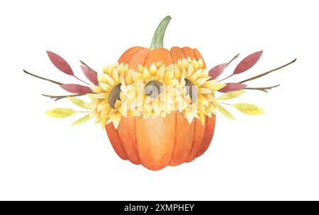 Aquarell Herbstillustration mit Kürbissen, Sonnenblumen, Herbstblättern, Beeren isoliert auf weißem Hintergrund. Handgezeichnete Blumenkomposition. Rustikale cli Stockfoto