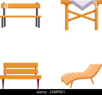 Möbel Ikonen setzen Cartoon Vektor. Verschiedene Art von modernen Gartenmöbeln. Gartenterrasse Stock Vektor